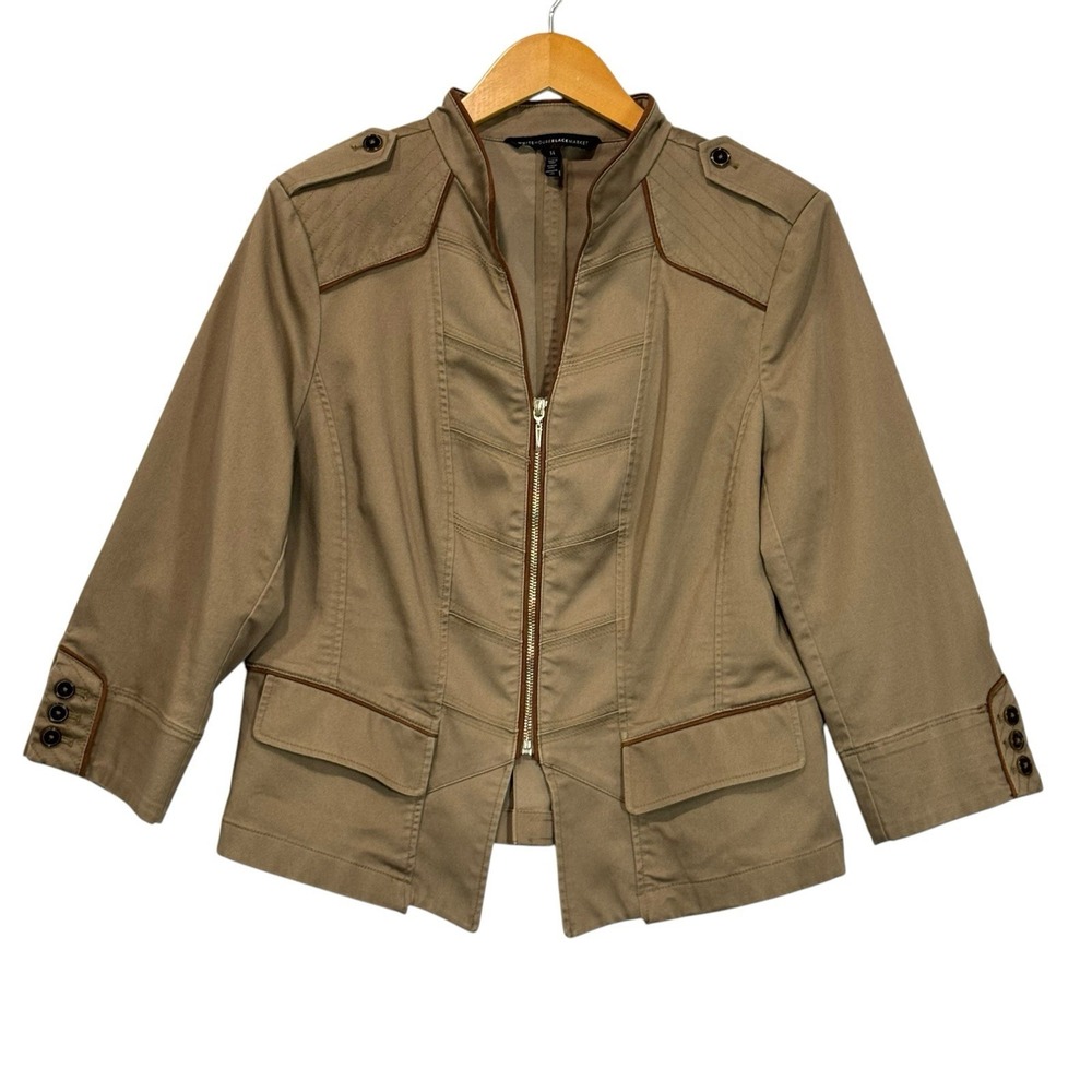 White House Black Market Jacket Women's Size 14 Brown Khaki Military Zip Utility
